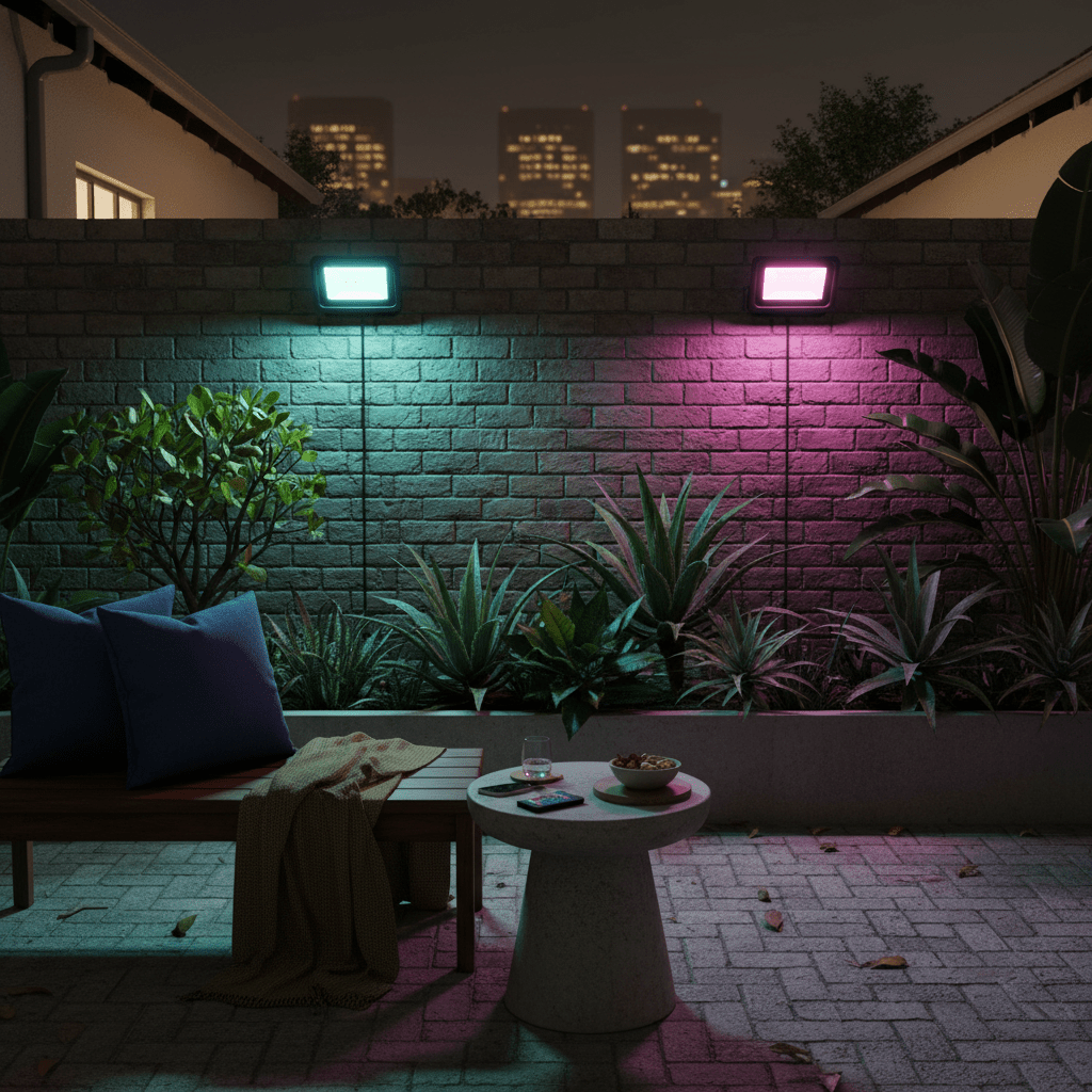 Outdoor scene featuring a 100W RGBW LED floodlight illuminating a garden wall with vibrant colors.