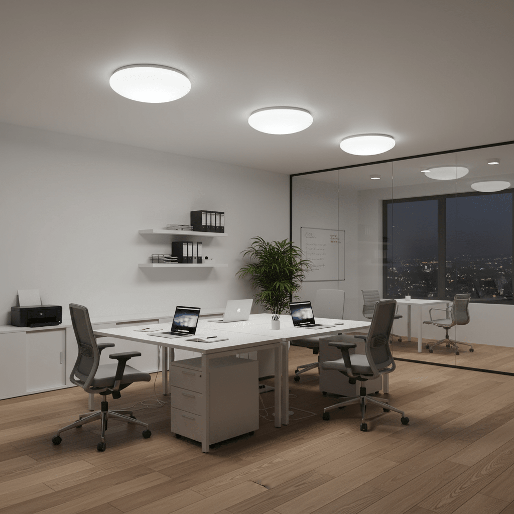 Modern office space featuring flush ceiling lights, desks with laptops, and a plant.