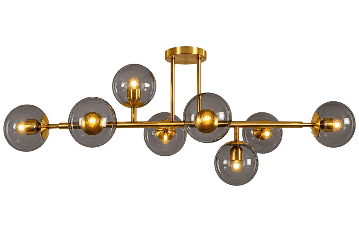 8 Light Satin Gold Metal Ceiling Light with Smoke Colour Glass product image on transparent background