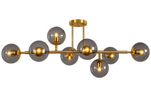 8 Light Satin Gold Metal Ceiling Light with Smoke Colour Glass product image on transparent background