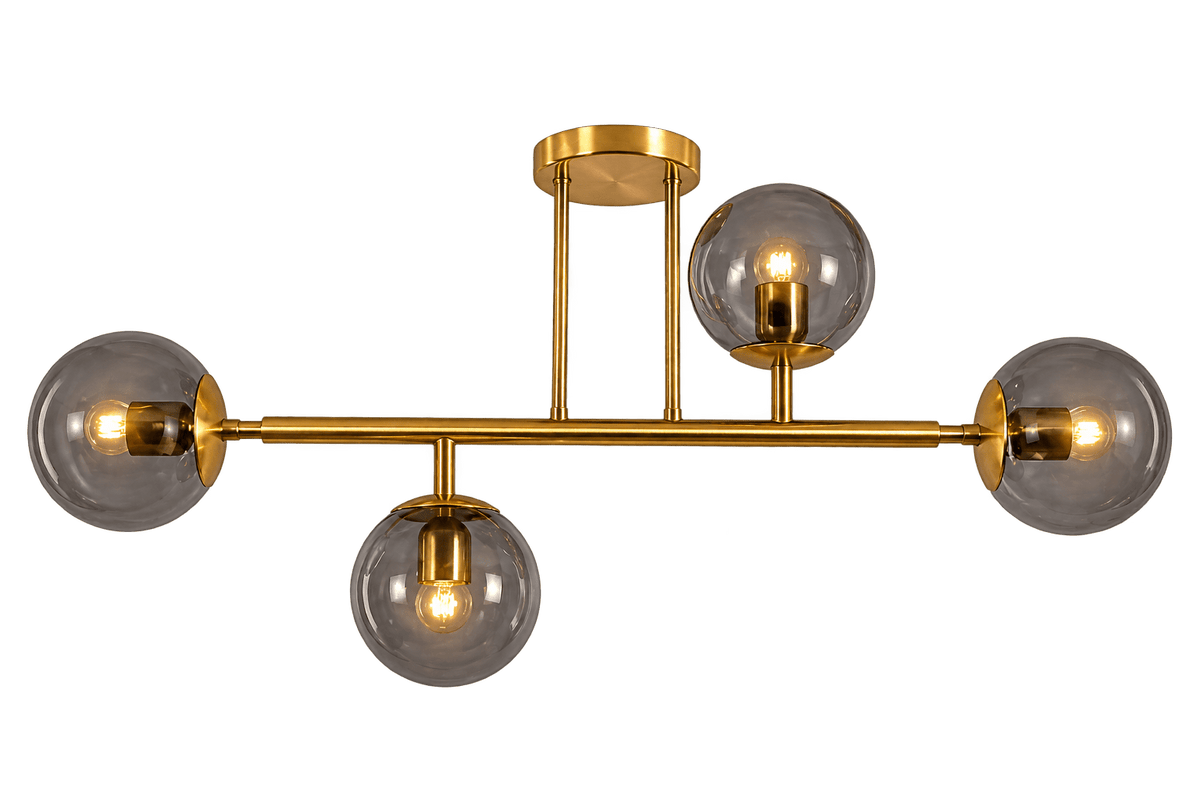 Satin gold ceiling fitting with four smoke glass shades on a transparent background