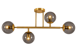 Satin gold ceiling fitting with four smoke glass shades on a transparent background