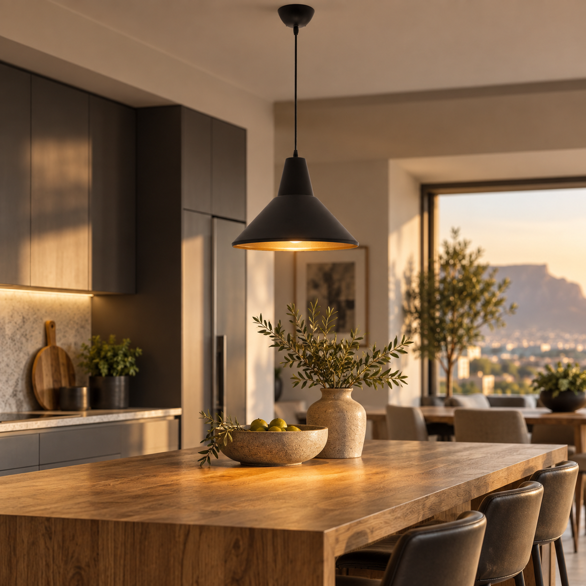 Sentino black and gold pendant in a kitchen dining area