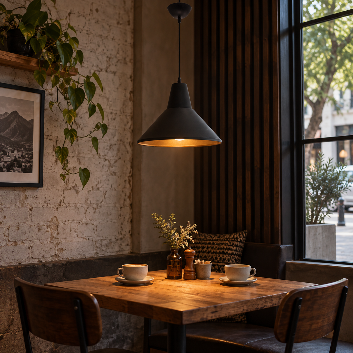 Sentino black cone pendant over a café table