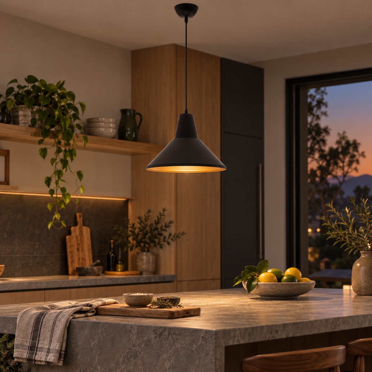 Sentino black and gold pendant above a home kitchen island