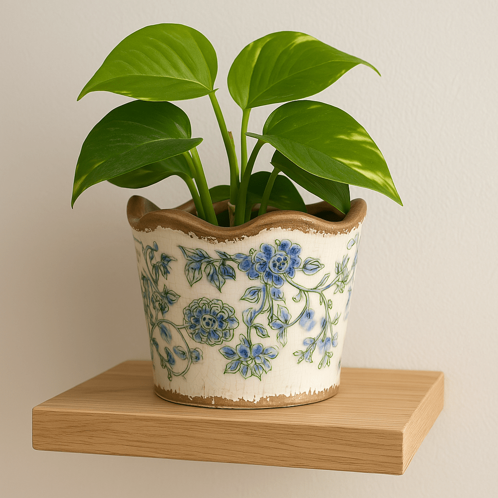 Small Ceramic Planter - Blue Flowers And Green Leaves - Future Decor