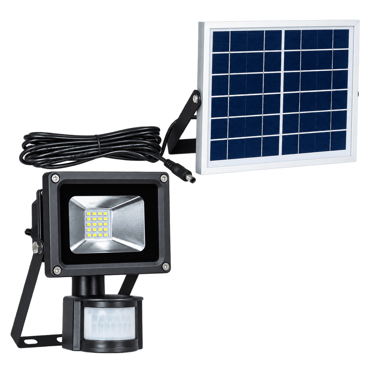 Solar LED floodlight with panel and sensor on transparent background
