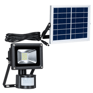 Solar LED floodlight with panel and sensor on transparent background
