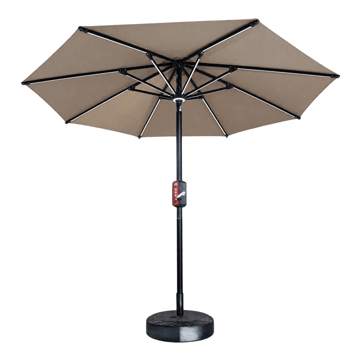 Solar umbrella with LED lighting, speaker and USB charging, transparent background