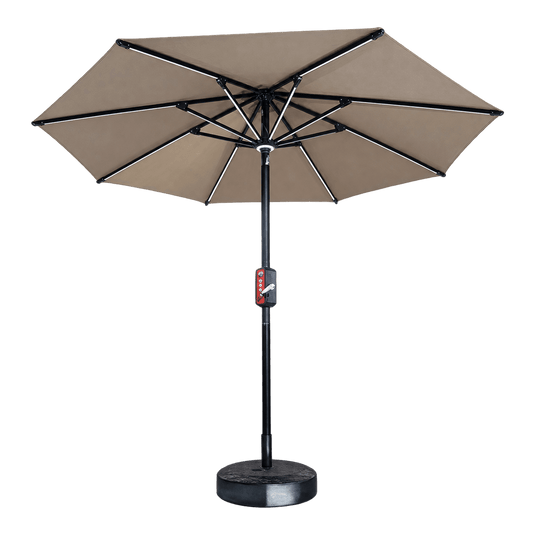 Solar umbrella with LED lighting, speaker and USB charging, transparent background