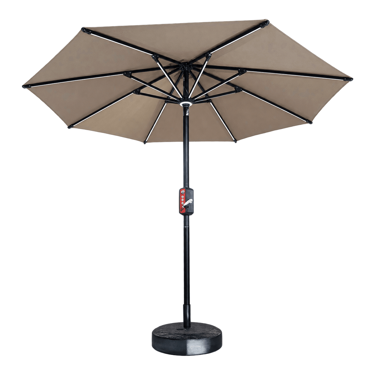 Solar umbrella with LED lighting, speaker and USB charging, white background