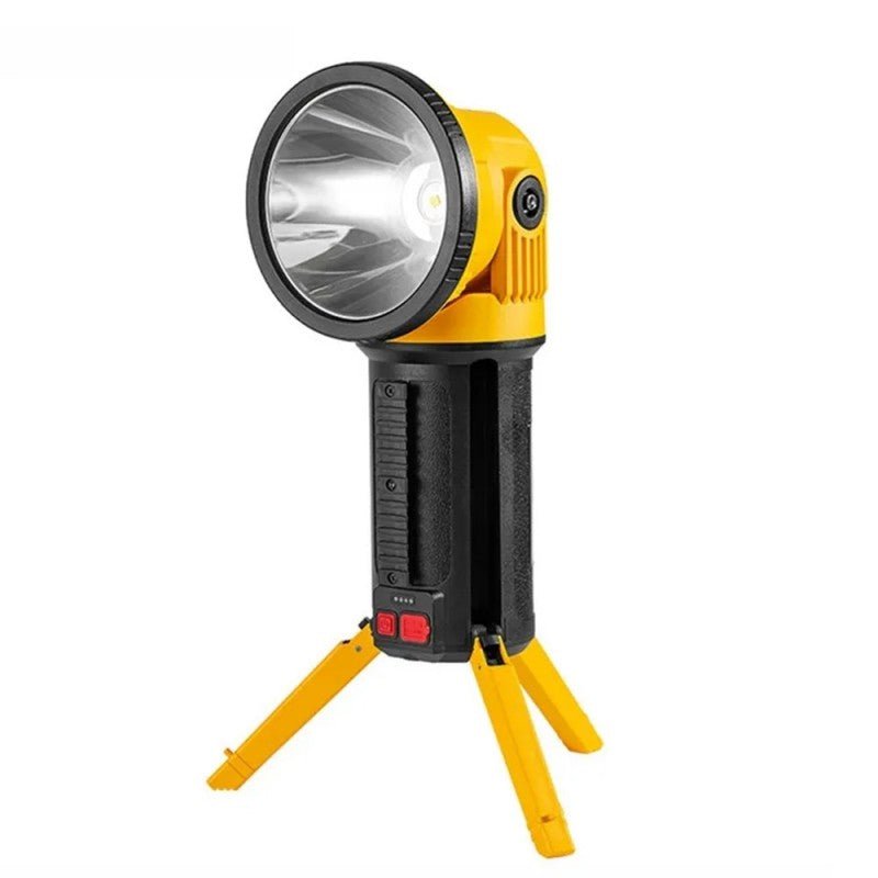 Yellow and black portable lamp with tripod stand on a white background