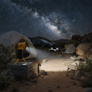 Portable LED searchlight illuminating a tent campsite at night