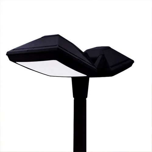 Rosa Black LED Post Top Light featuring a sleek design with a dual angled shade, mounted on a pole.