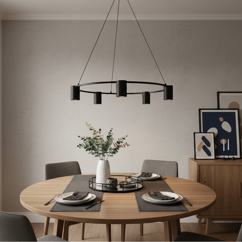 Stylish black 5-light round pendant hanging above a wooden dining table set with plates and decor.