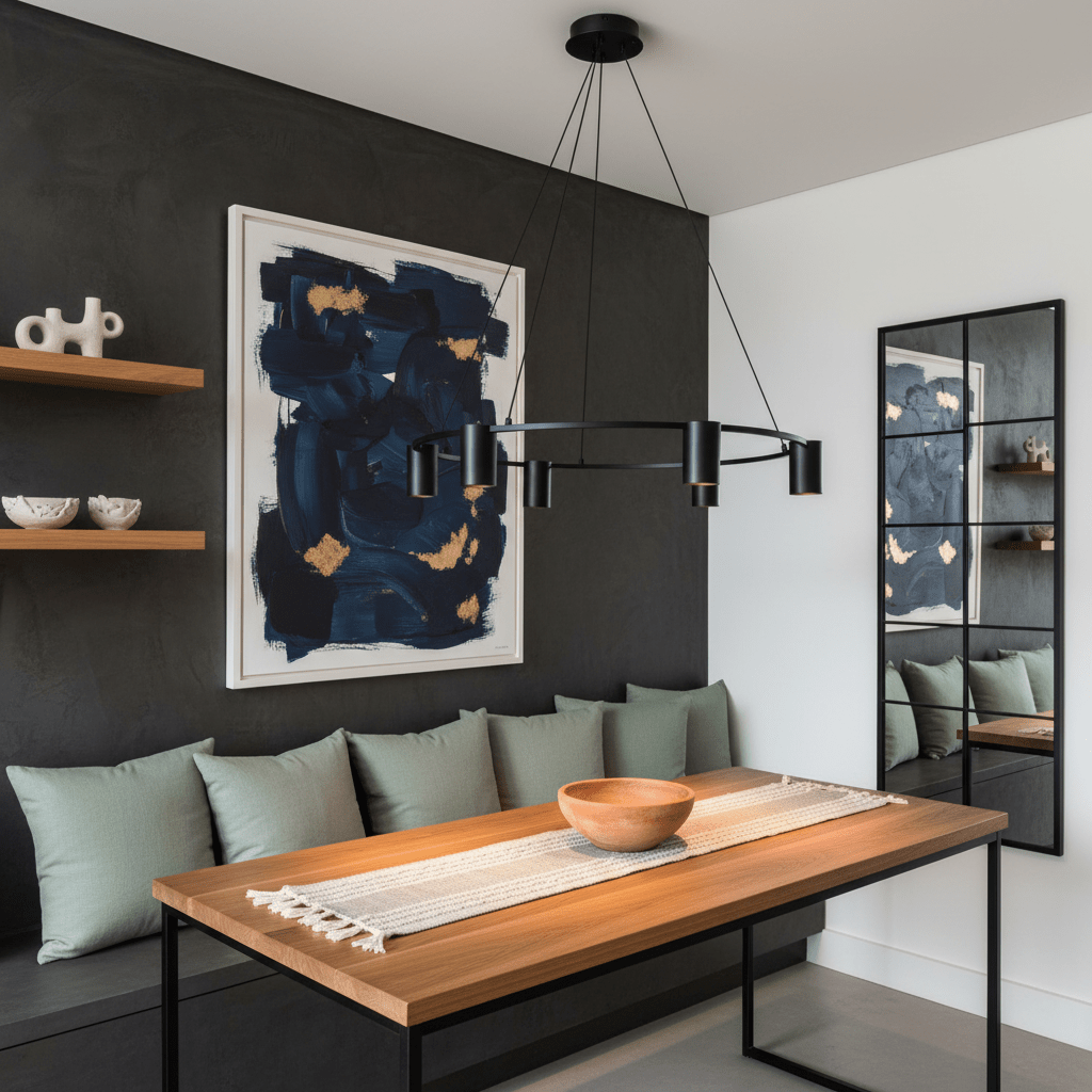 Modern black 5-light round pendant above a wooden dining table with green cushions and artwork.
