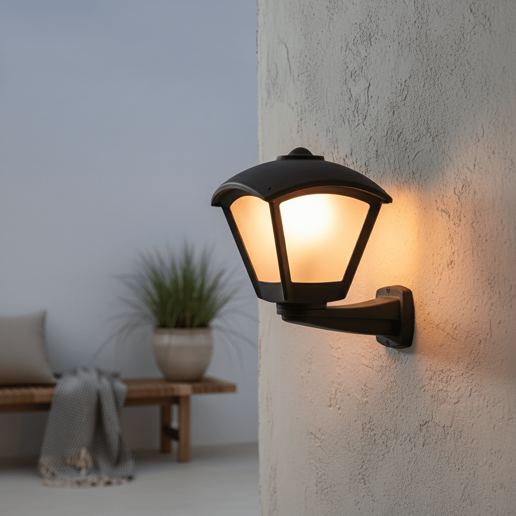 Nardo Wall Light mounted on a textured wall, illuminating a cozy outdoor space with a bench and plant.