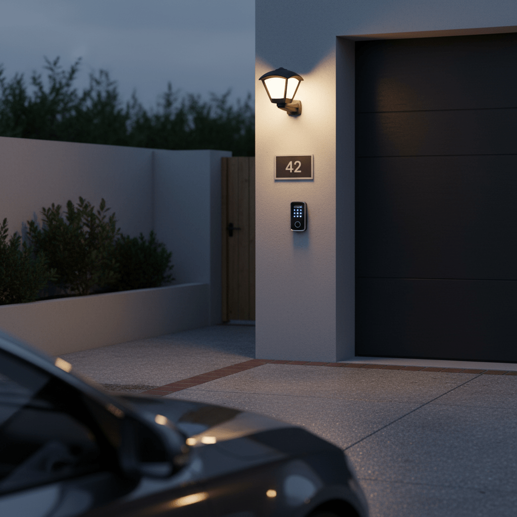 Outdoor wall light illuminating a front entrance with a house number and security panel.
