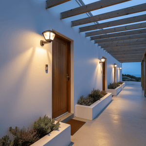 Outdoor wall light illuminating a modern entryway with wooden doors and planters, creating a welcoming atmosphere.