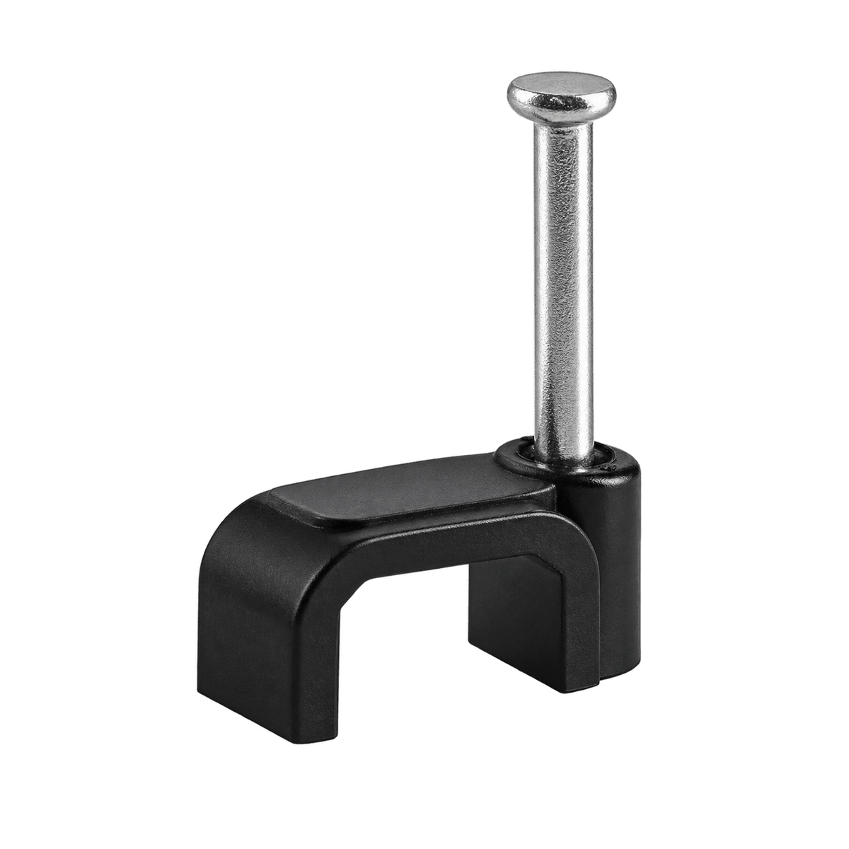 Transparent-background product image of a black 8mm square cable clip with steel nail