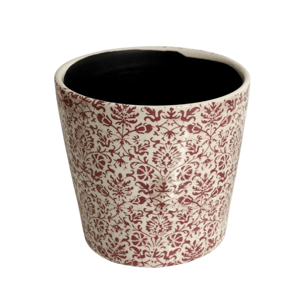 ST1483 Off White Pot Planter - Red Leaf & Vine Pattern