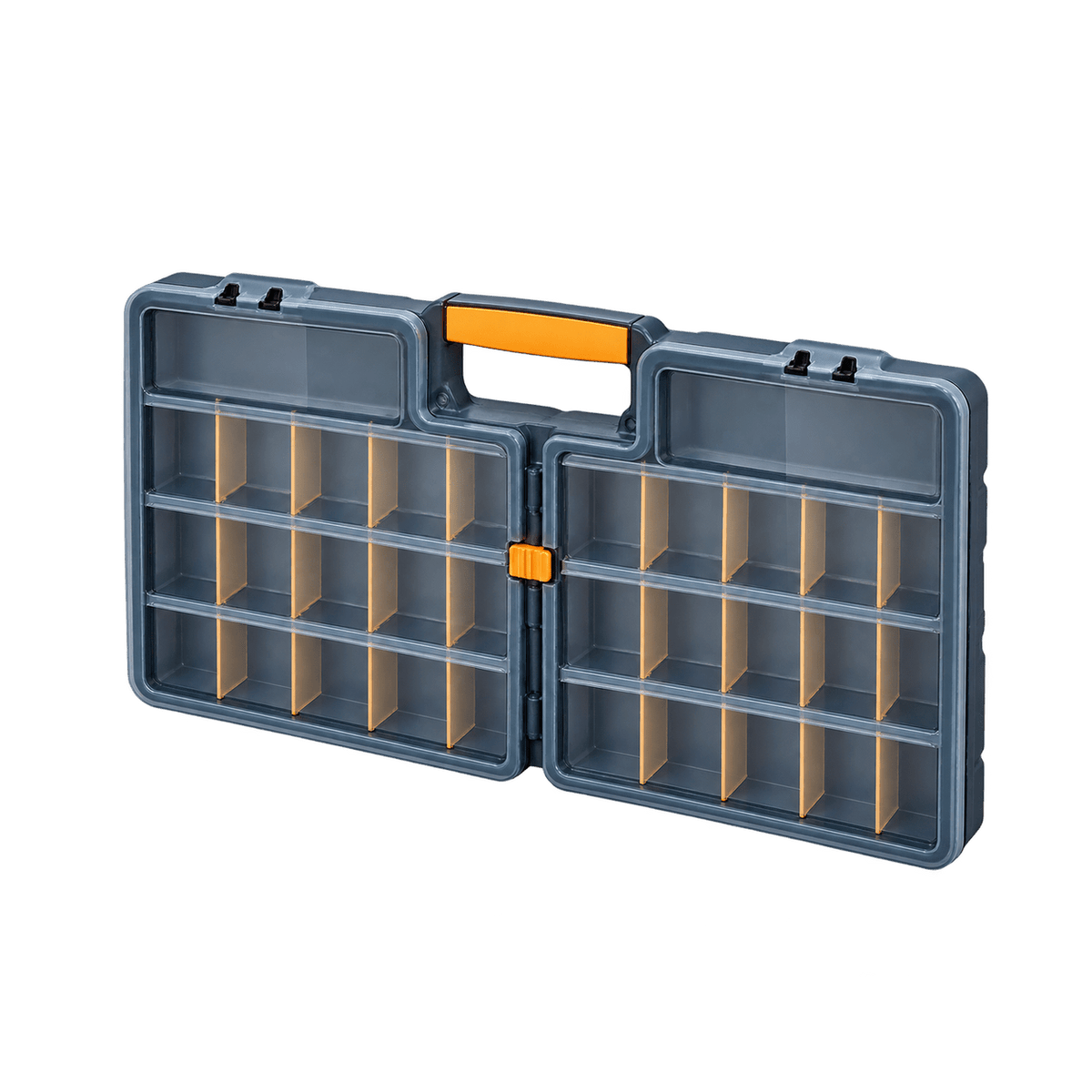 Transparent-background image of an opened blue-gray 26-compartment adjustable storage case