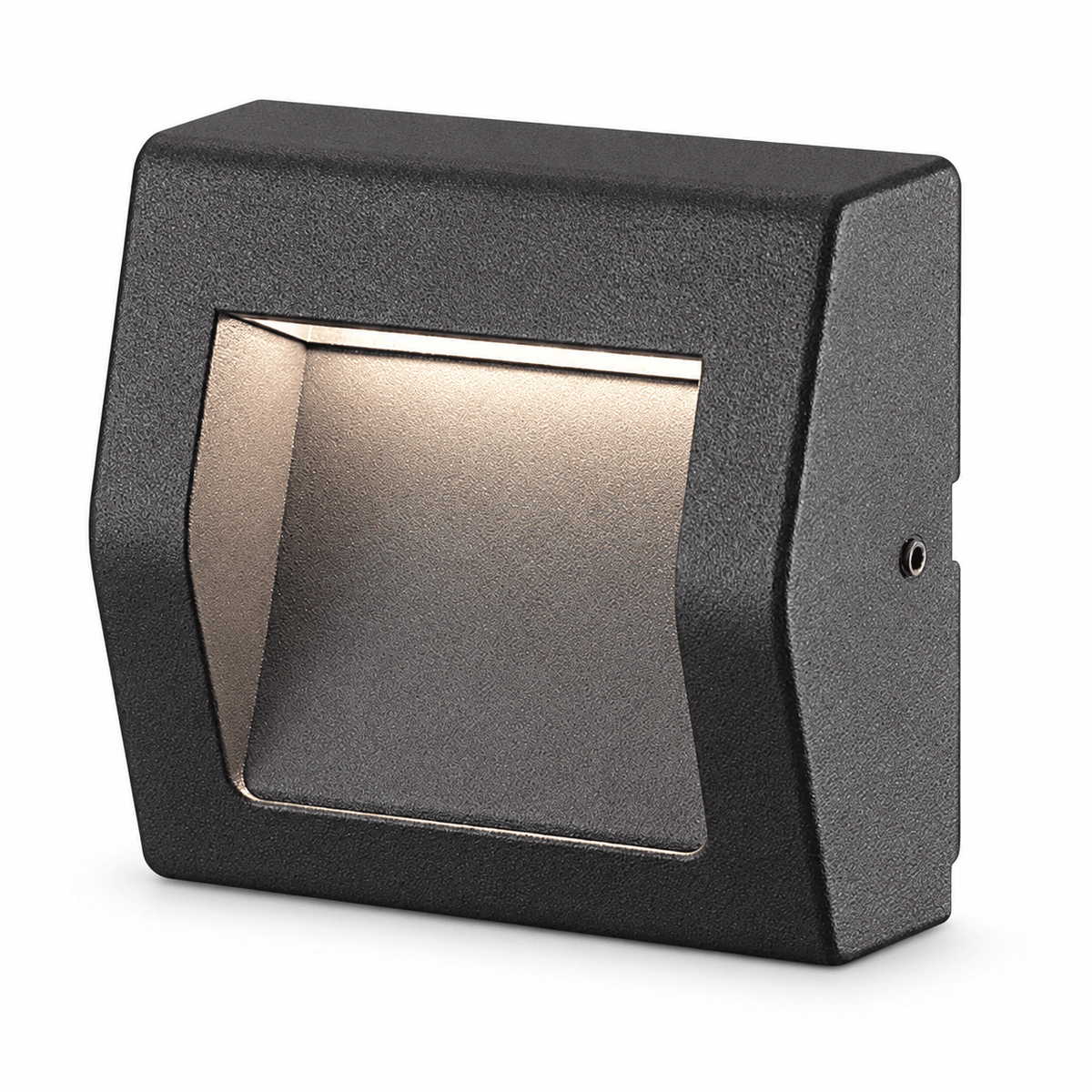 Matt black square surface-mounted LED foot light with frosted glass on a white background