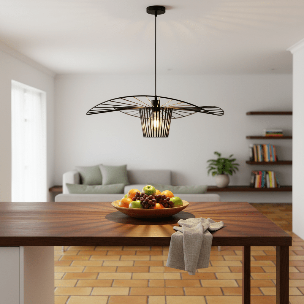 Sensu Infinite Black Pendant Light hanging above a wooden table with a fruit bowl, showcasing its modern design.