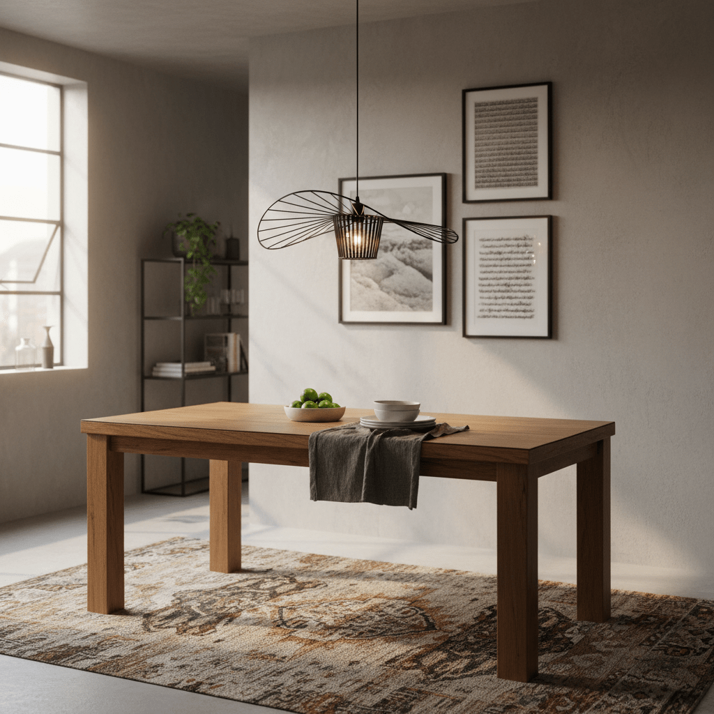 Sensu Infinite Black Pendant Light hanging above a wooden dining table with decorative items and artwork in the background.