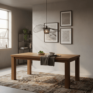 Sensu Infinite Black Pendant Light hanging above a wooden dining table with decorative items and artwork in the background.