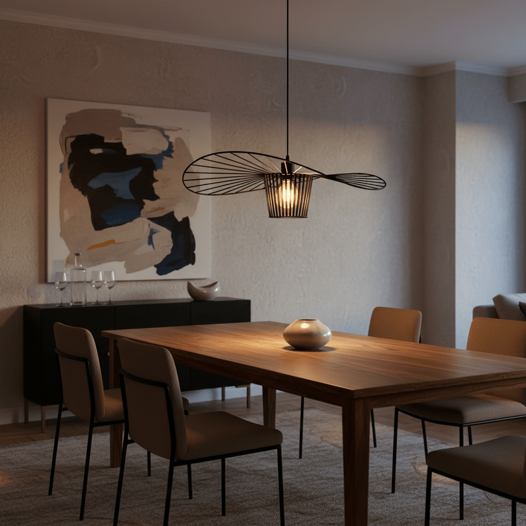 Sensu Infinite Black Pendant Light hanging above a wooden dining table with modern chairs and decor.