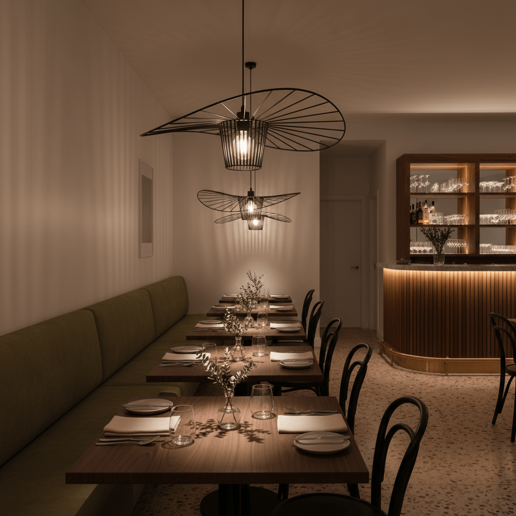 Stylish dining area featuring Sensu Infinite Black Pendant Lights above wooden tables with green seating.