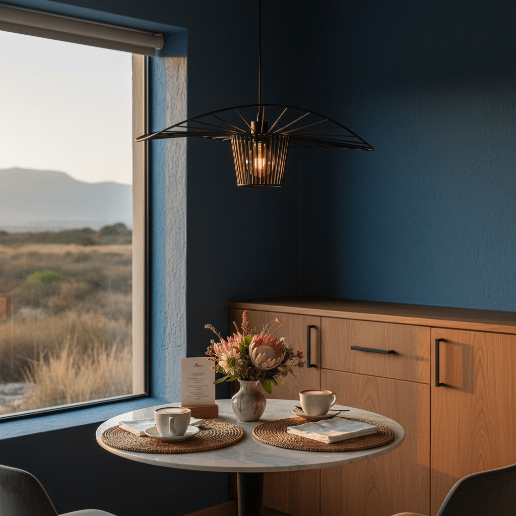Sensu Infinite Black Pendant Light hanging above a dining table with coffee cups and flowers, set against a blue wall.
