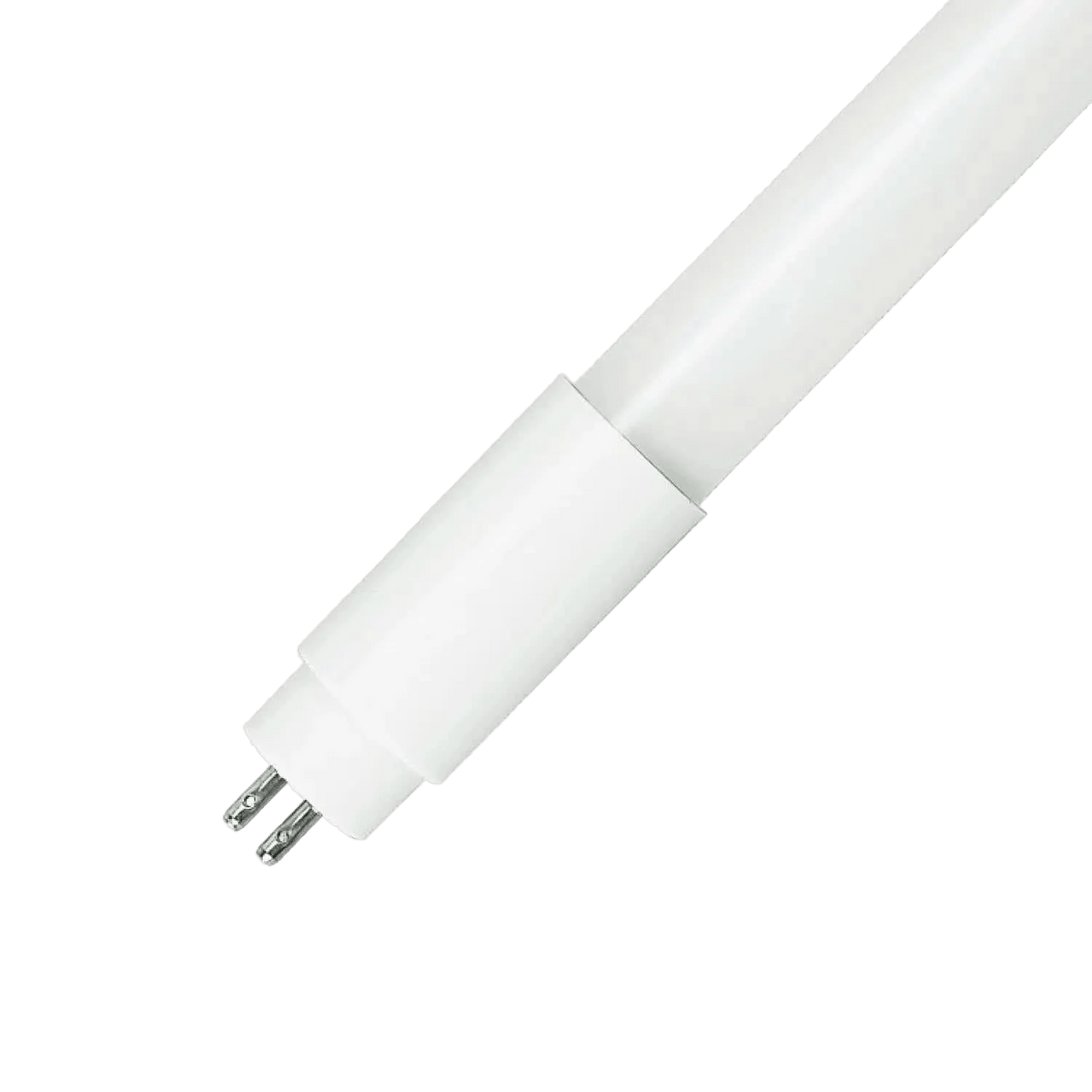 White cylindrical LED tube with plastic connector and two metal pins on black background