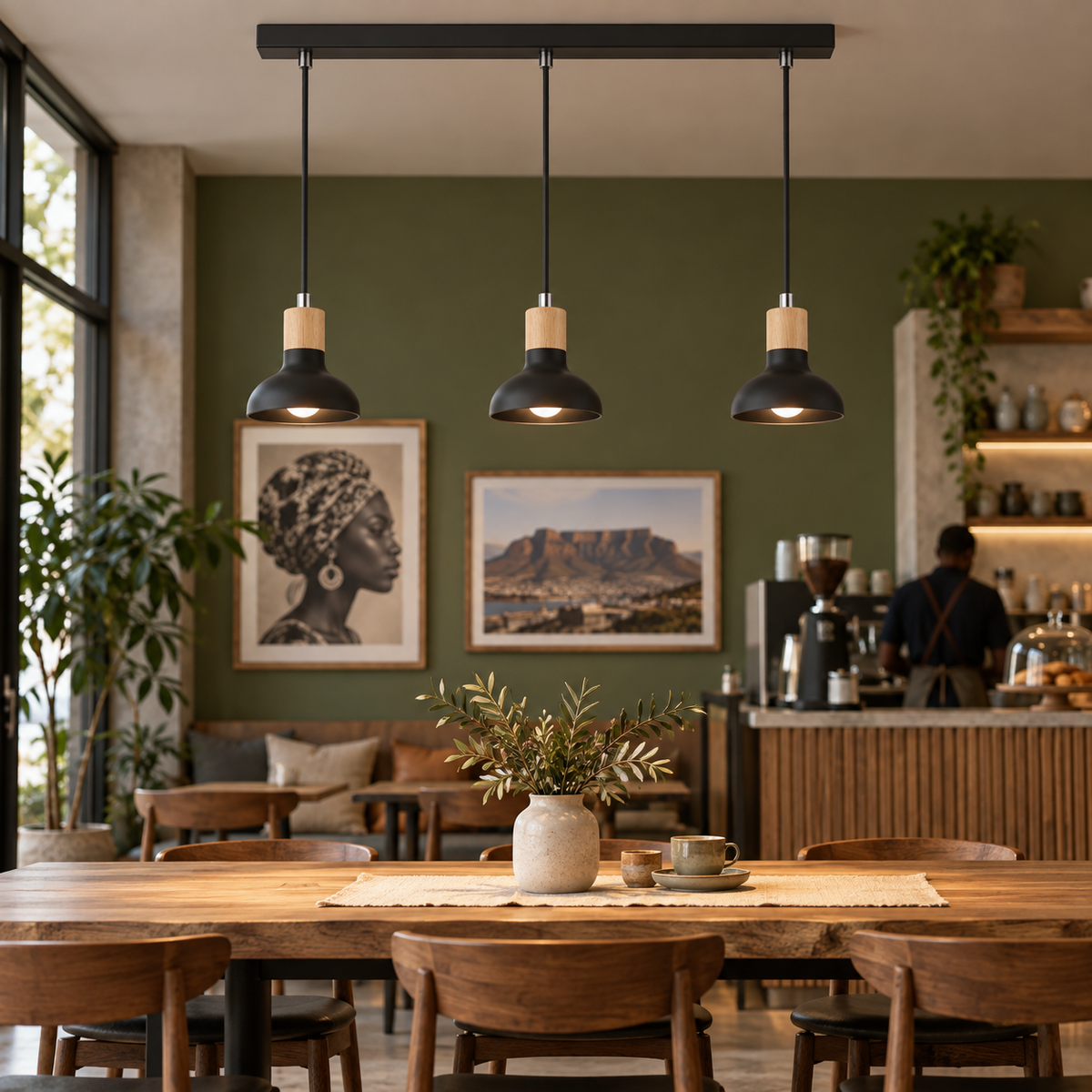Three-light black pendant with wood collars above a café table