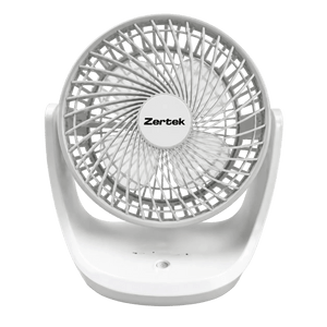 White Zertek rechargeable desk fan with protective grille, power button on base
