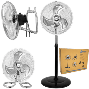 Black pedestal floor fan with silver grille and three-blade propeller, shown upright on a green background.
