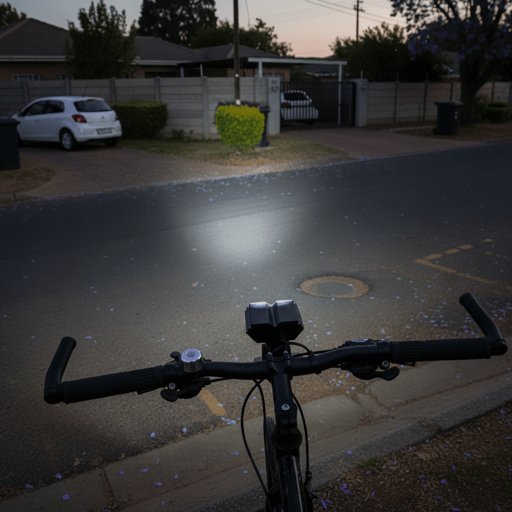 Close-up view of a bicycle handlebar with an LED light illuminating the road ahead, surrounded by fallen petals.