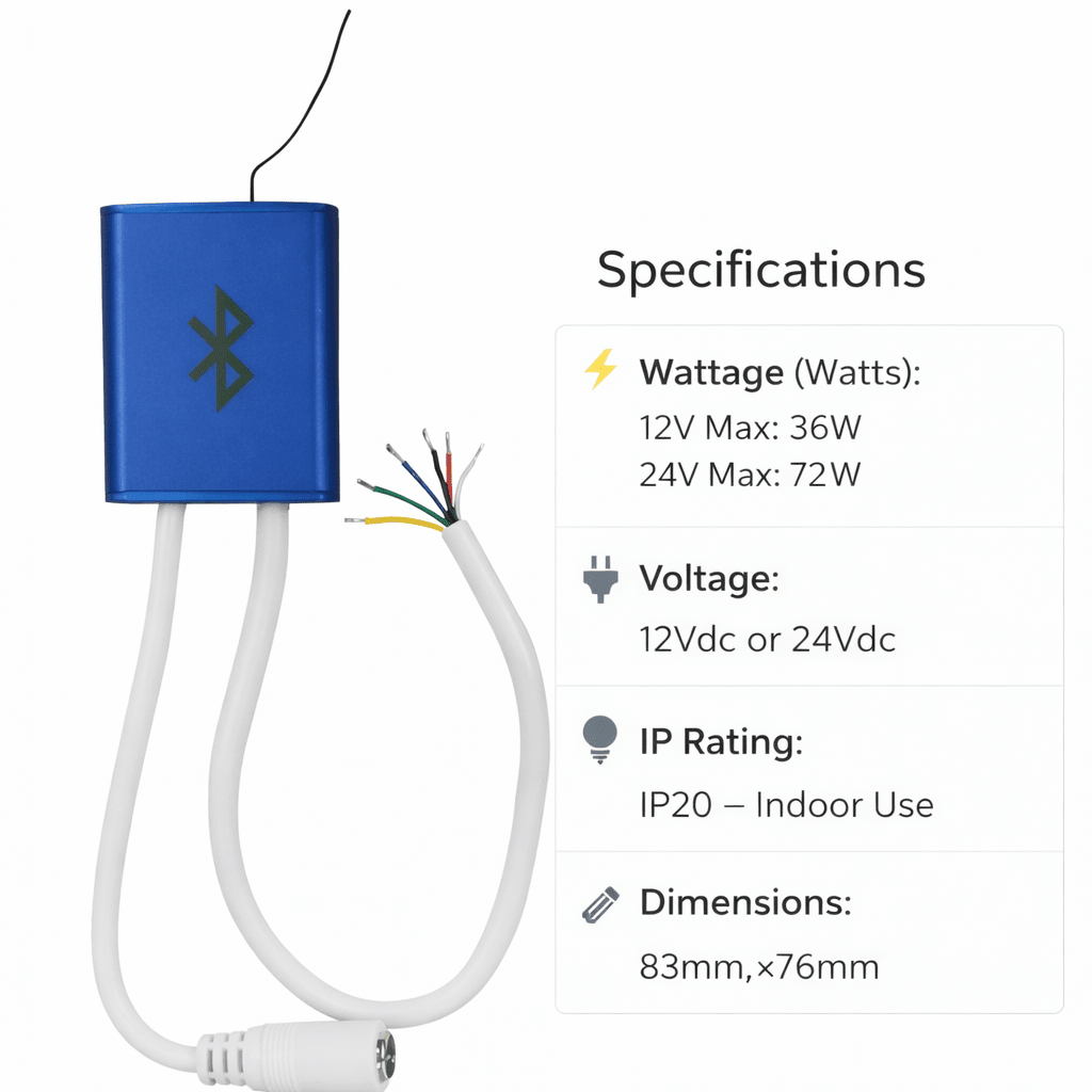 Smart Bluetooth RGBW controller for LED strip lights with specifications displayed.