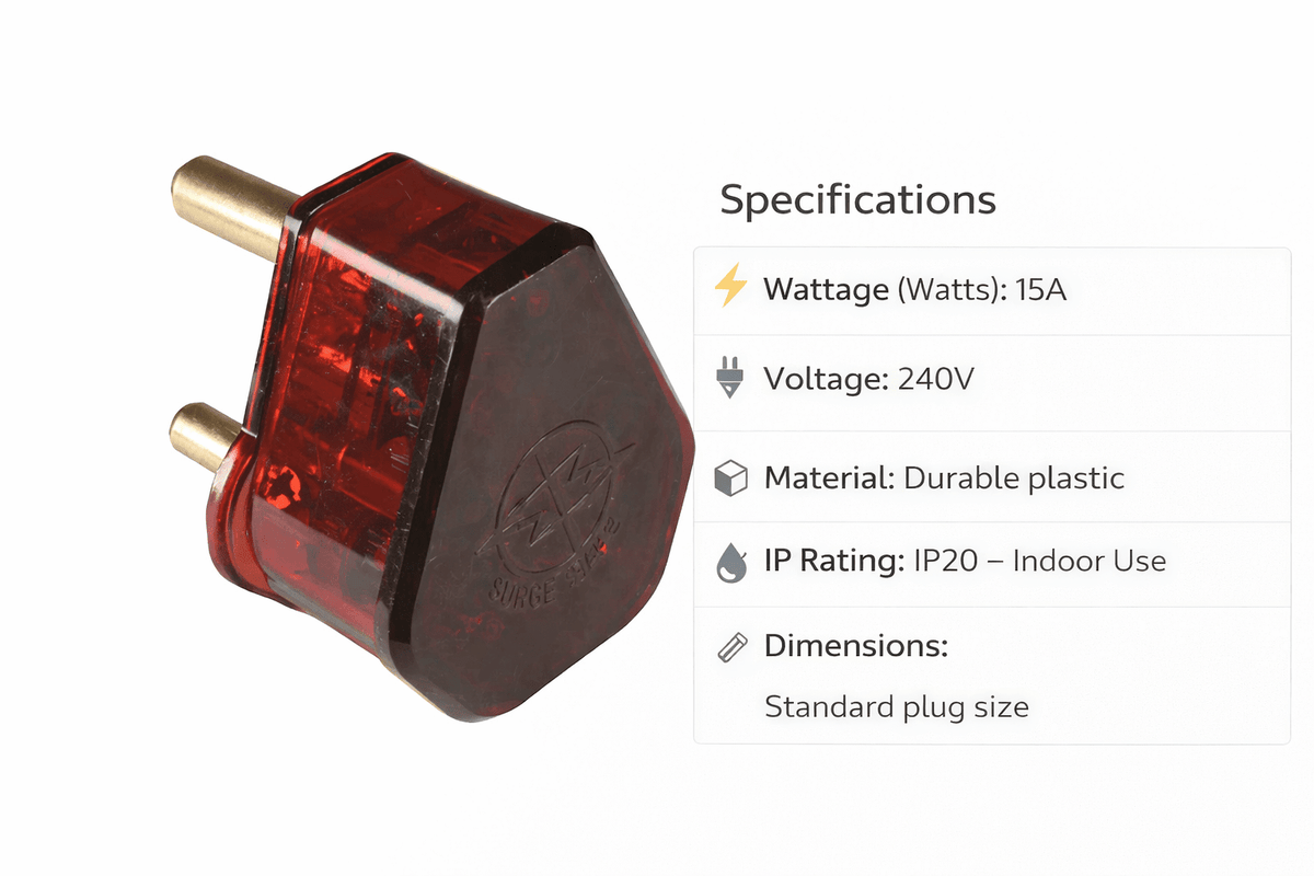 Close-up of a 15A surge-protected plug top with durable plastic casing and indicator lights.