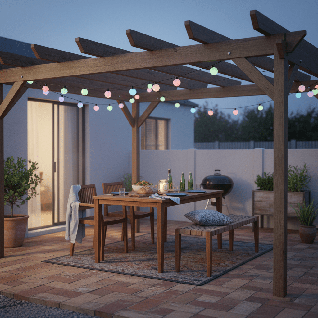 LED ball string lights over an outdoor dining patio