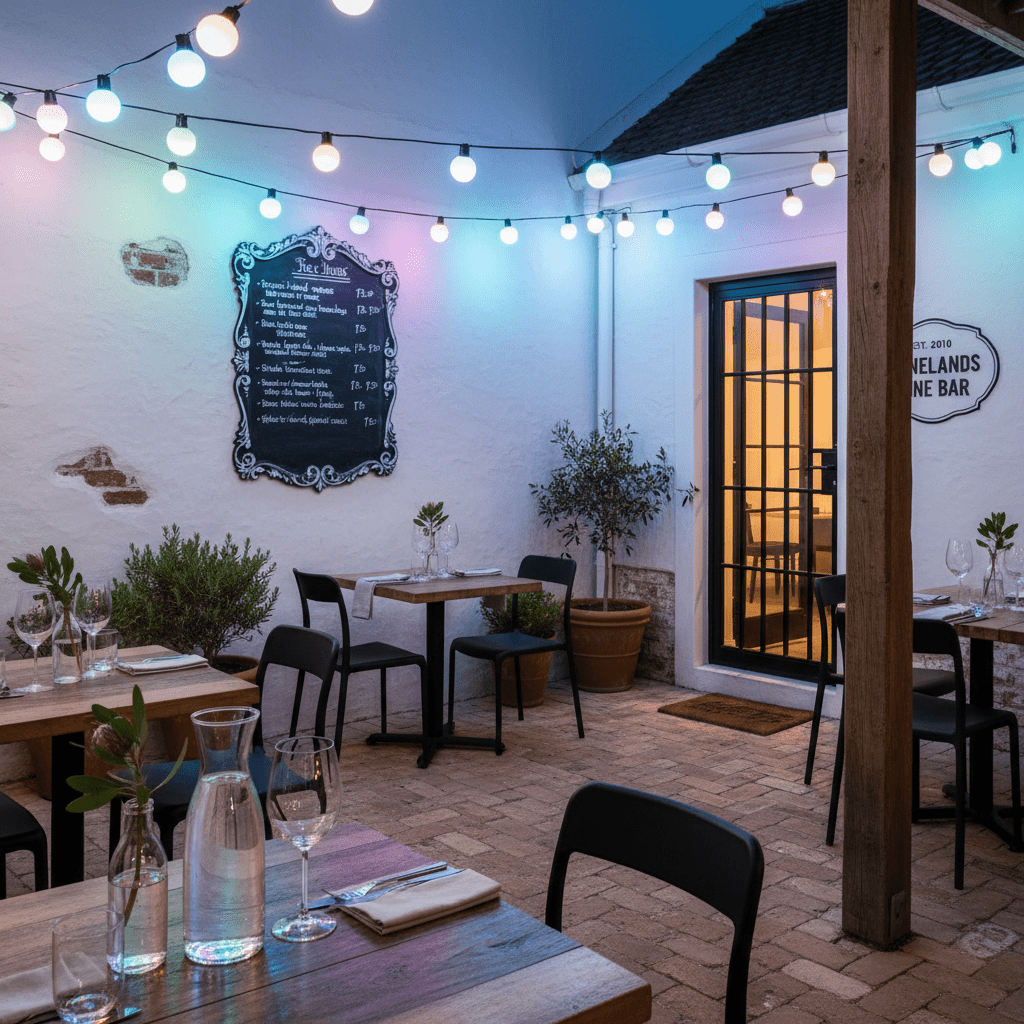 LED ball string lights over a restaurant patio