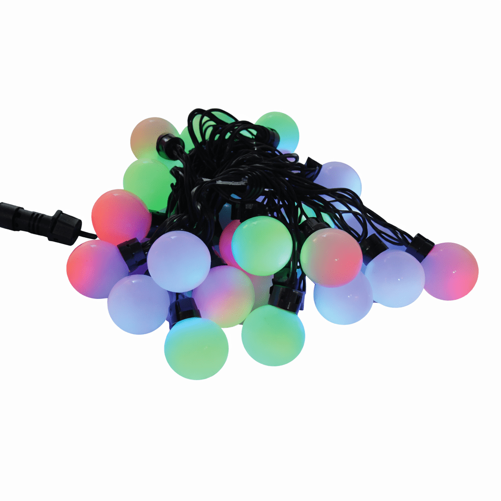 Colorful LED ball string lights on a white background