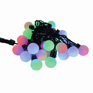Colorful LED ball string lights on a white background
