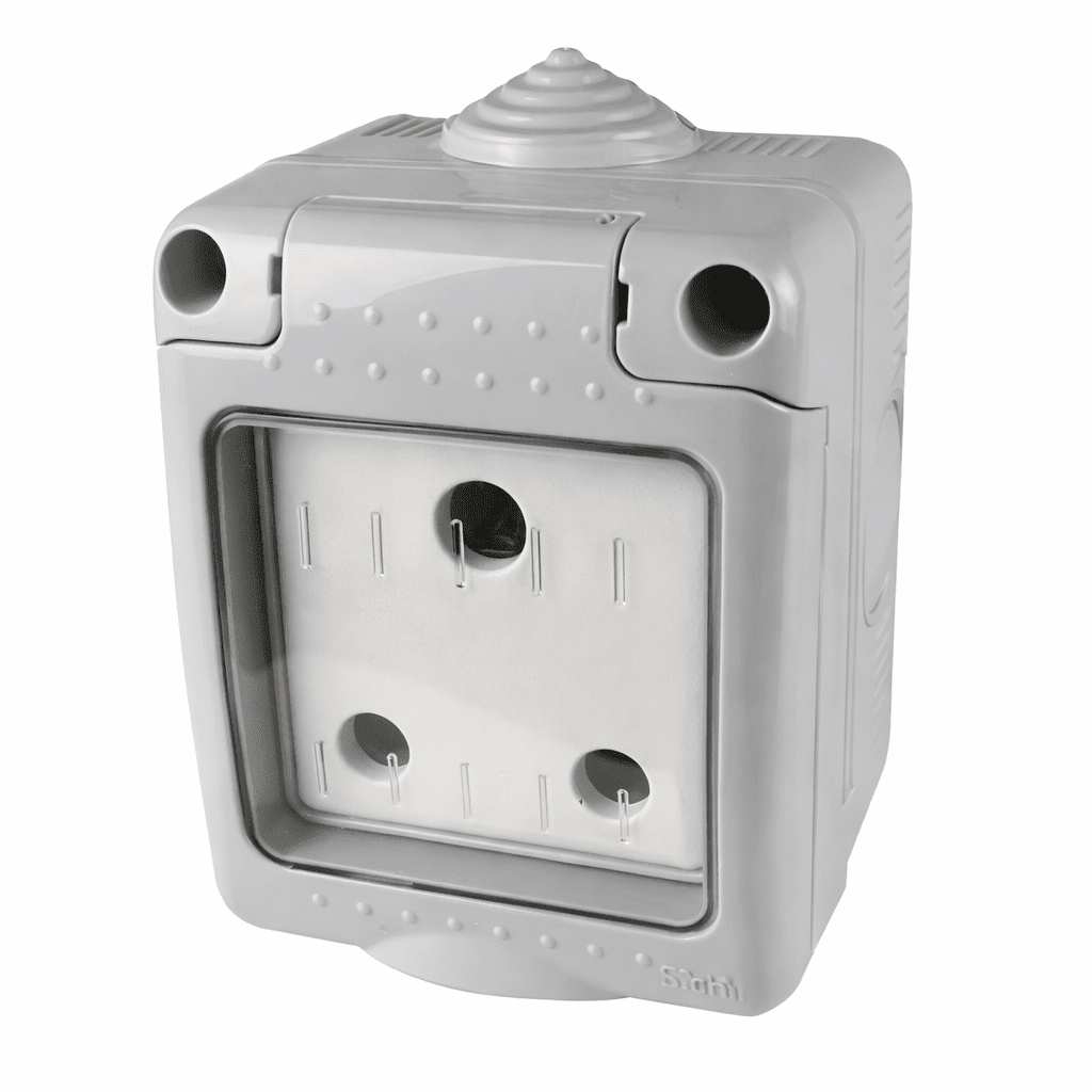 Angled white weatherproof plug socket with front outlet and hinged cover