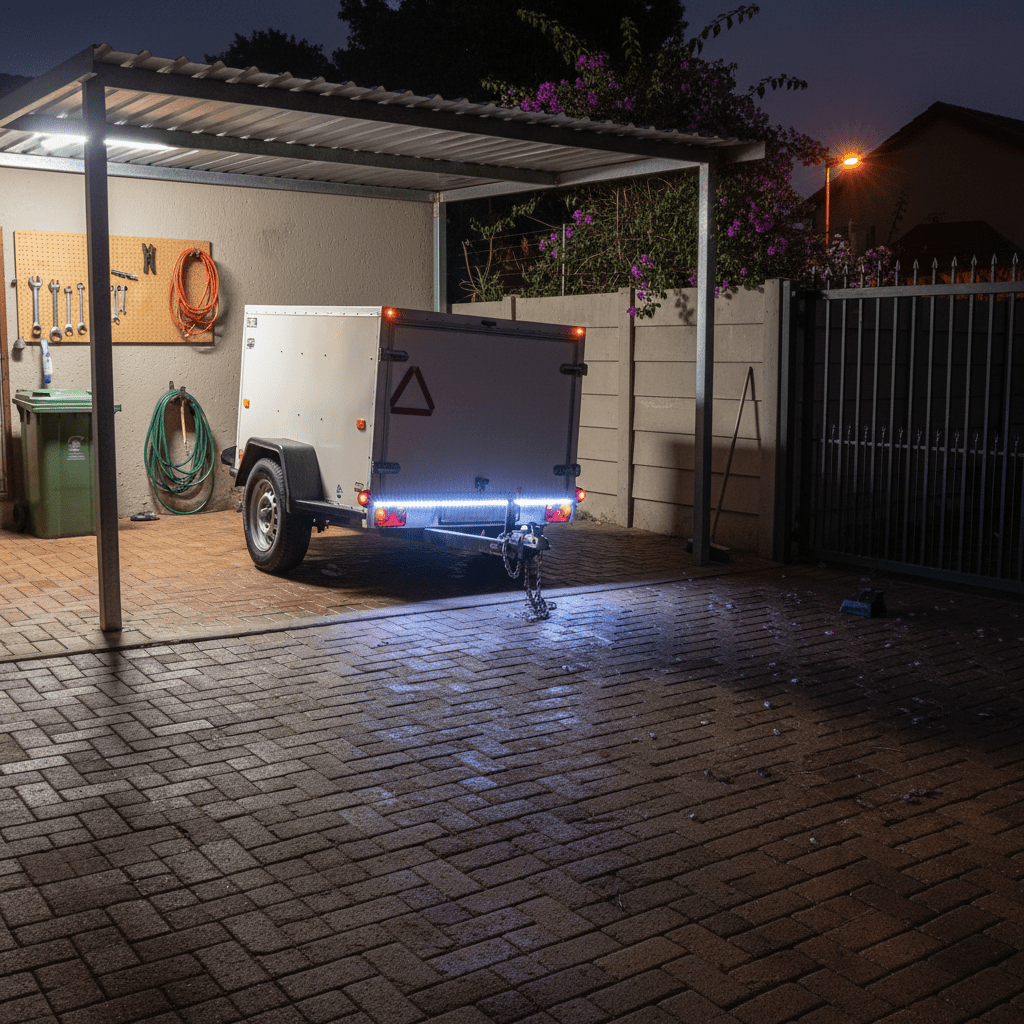 IP67 LED tail light strip installed on a trailer at night