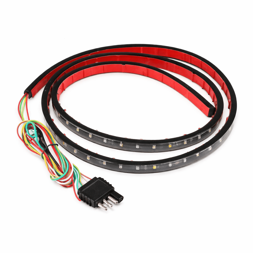 Red and white LED tail light strip coil on white background