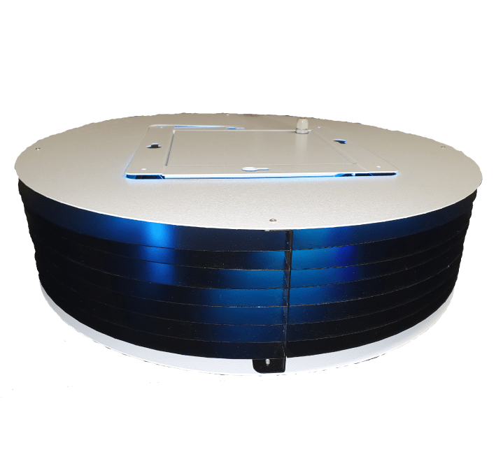 360° Upper Air Germicidal UV Sterilisation Fitting with parabolic reflectors and lamellas, ceiling mounted.