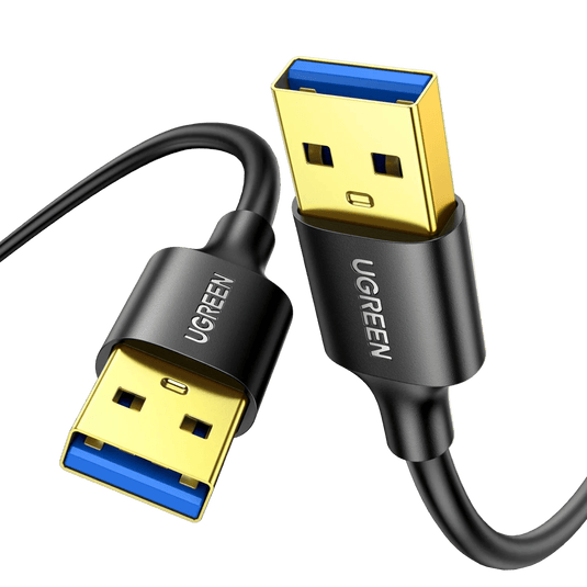 Black USB cable with two gold-plated USB-A male connectors and blue inner contacts