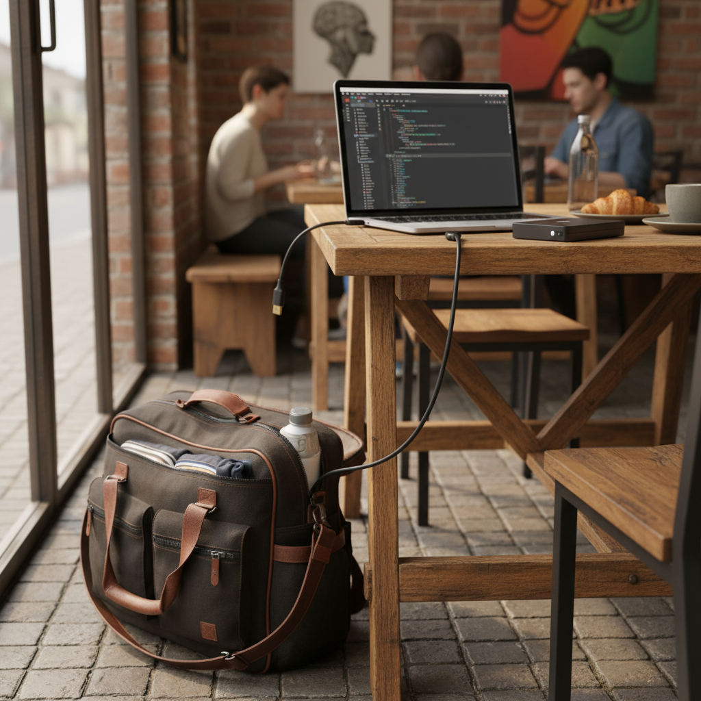 UGREEN USB to Micro USB cable connected to a laptop on a wooden table in a café, with a bag nearby.